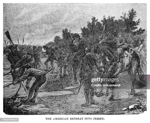 old engraved illustration of the american retreat into jersey - war of independence ireland stock pictures, royalty-free photos & images