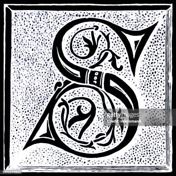 old engraved illustration of letter s, decorative ornament - s stock pictures, royalty-free photos & images