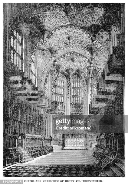 old engraved illustration of interior of westminster abbey, london, england (chapel and mausoleum of henry vii) - tombs of henry stock pictures, royalty-free photos & images