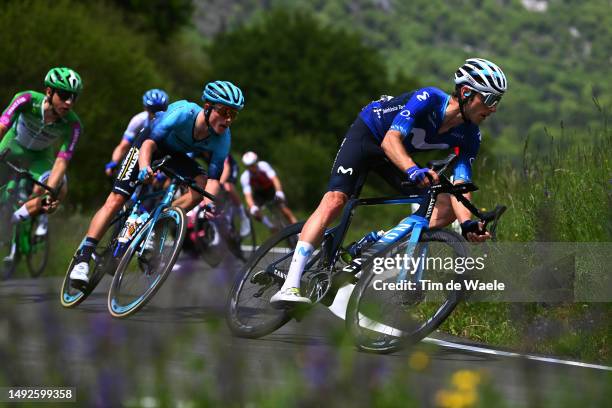 Vadim Pronskiy of Kazakhstan and Astana Qazaqstan Team and Carlos Verona of Spain and Movistar Team compete in the breakaway during the 106th Giro...