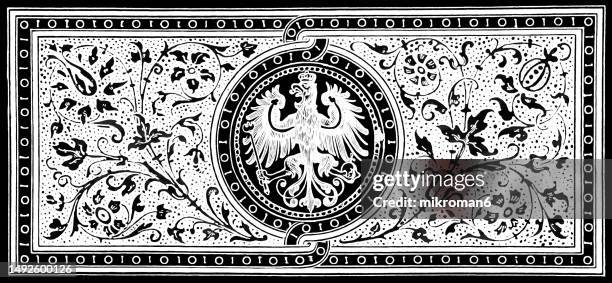 old engraved illustration of decorative coat of arms - crest logo stock pictures, royalty-free photos & images