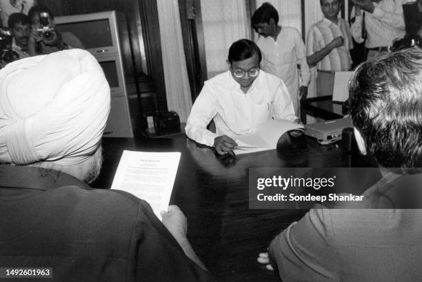 Finance Minister P Chidambaram who took over as the Finance Minister of India, during a meeting with officials to begin work on the annual budget in...