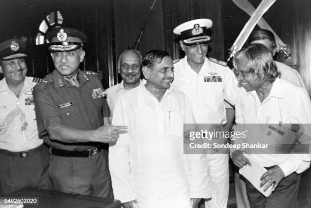 Samajwadi Party supremo Mulayam Singh Yadav with Defence Services chief's taking over as the Defence Minister of the newly Formed Janta Dal...