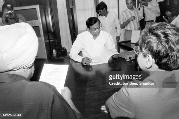 Finance Minister P Chidambaram who took over as the Finance Minister of India, during a meeting with officials to begin work on the annual budget in...