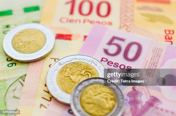 studio shot of mexican currency - nafta stock pictures, royalty-free photos & images