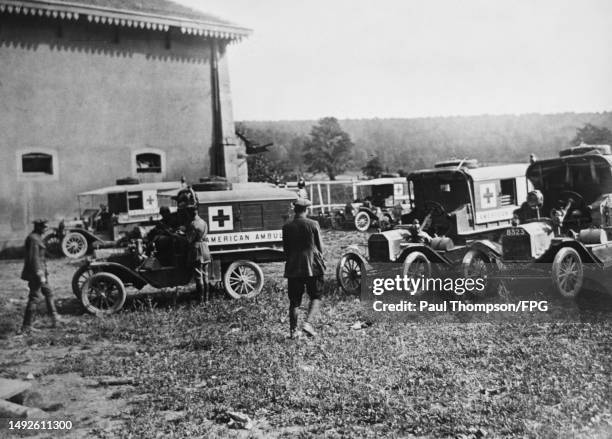 American Ambulance Corps General Motors K-16 ambulances during the First World War, location unspecified, in the Meuse department, France, circa 1918.