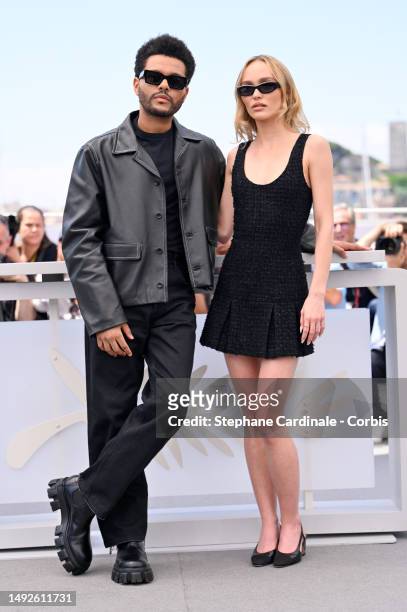 Abel 'The Weeknd' Tesfaye and Lily-Rose Depp attend "The Idol" photocall at the 76th annual Cannes film festival at Palais des Festivals on May 23,...