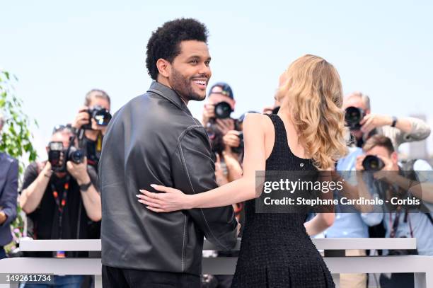 Abel 'The Weeknd' Tesfaye and Lily-Rose Depp attend "The Idol" photocall at the 76th annual Cannes film festival at Palais des Festivals on May 23,...