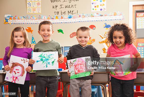 usa, utah, orem, children (2-3, 4-5, 6-7) during art classes - preschool art stock pictures, royalty-free photos & images