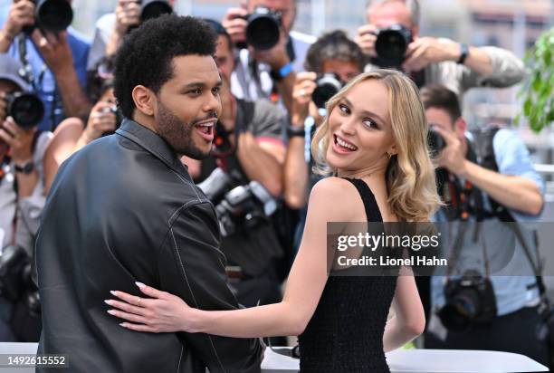 Abel Makkonen Tesfaye, The Weeknd, Lily-Rose Depp attend "The Idol" photocall at the 76th annual Cannes film festival at Palais des Festivals on May...