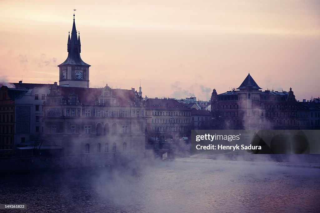 Czech Republic, Prague, View over Vltava River towards Old Town at sunrise