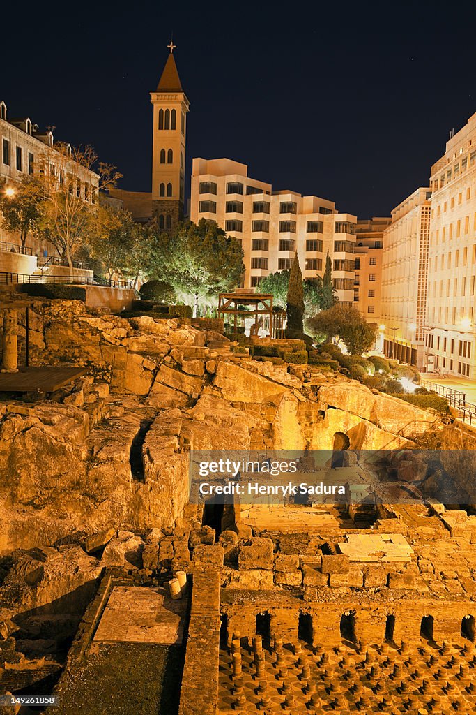 Lebanon, Beirut, Roman ruins at night