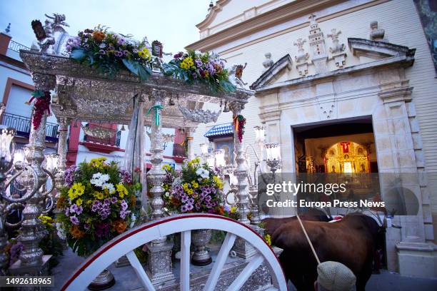 The Brotherhood of El Rocio de Almeria is presented to the Virgen de las Nieves Coronada, Patroness of Benacazon, during the departure of the...