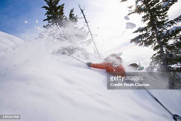 usa, montana, whitefish, man collapsing on powder snow while skiing - skiing accident stock pictures, royalty-free photos & images