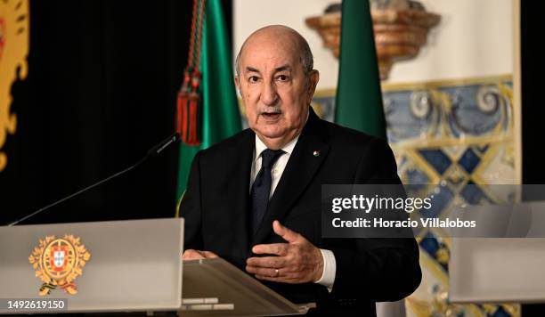 Algeria's President Abdelmadjid Tebboune delivers remarks during a joint press conference held with Portuguese President Marcelo Rebelo de Sousa in...