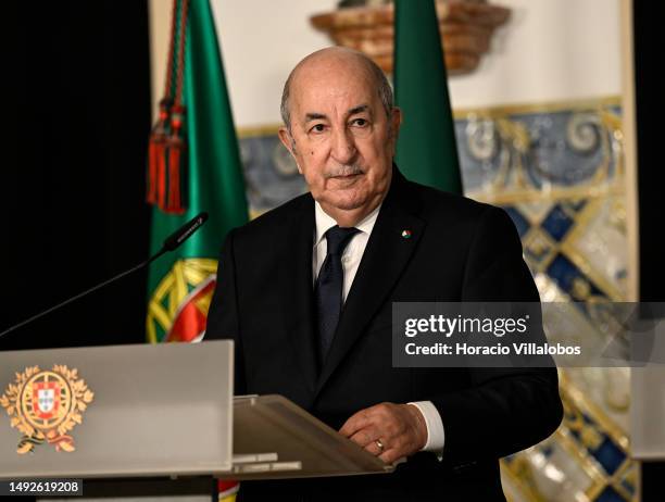 Algeria's President Abdelmadjid Tebboune delivers remarks during a joint press conference held with Portuguese President Marcelo Rebelo de Sousa in...