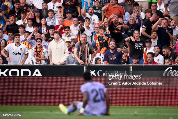 Fans protest against Vinicius Junior of Real Madrid during the LaLiga Santander match between Valencia CF and Real Madrid CF at Estadio Mestalla on...