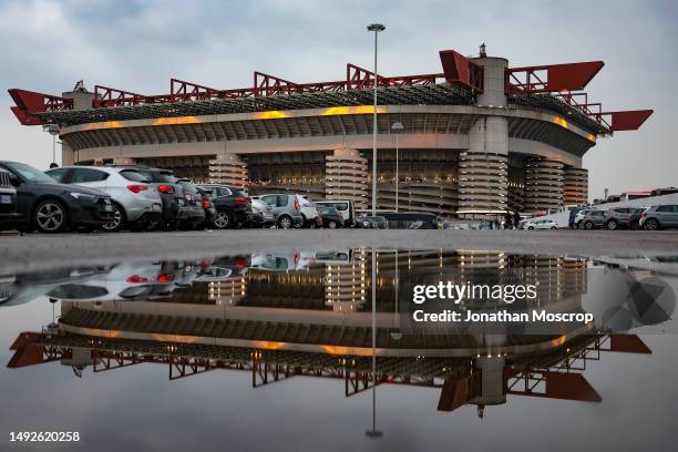 General view of the stadium reflected in a puddle from rainwater, prior to the Serie A match between AC MIlan and UC Sampdoria at Stadio Giuseppe...