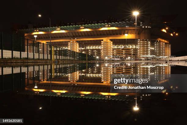 General view of the stadium reflected in a puddle from rainwater, following the Serie A match between AC MIlan and UC Sampdoria at Stadio Giuseppe...