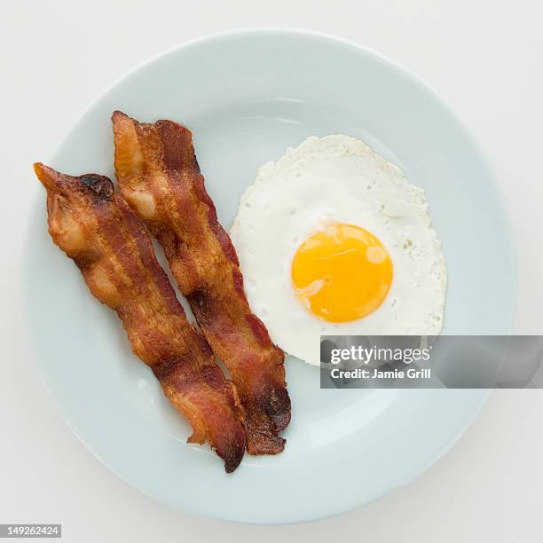 close up of fried egg with bacon, studio shot - bacon fotografías e imágenes de stock