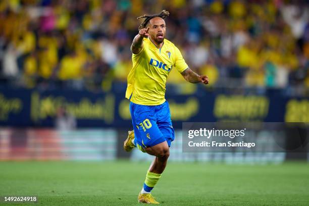 Theo Bongonda of Cadiz CF celebrates after scoring the teams first goal during the LaLiga Santander match between Cadiz CF and Real Valladolid CF at...