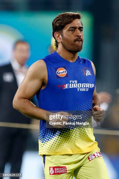 Mahendra Singh Dhoni of Chennai Super Kings warms up prior to the IPL Qualifier match between Gujarat Titans and Chennai Super Kings at MA...