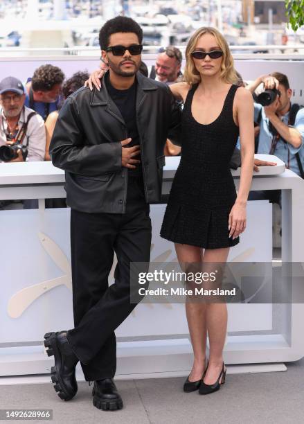 Abel 'The Weeknd' Tesfaye and Lily-Rose Depp "The Idol" photocall at the 76th annual Cannes film festival at Palais des Festivals on May 23, 2023 in...