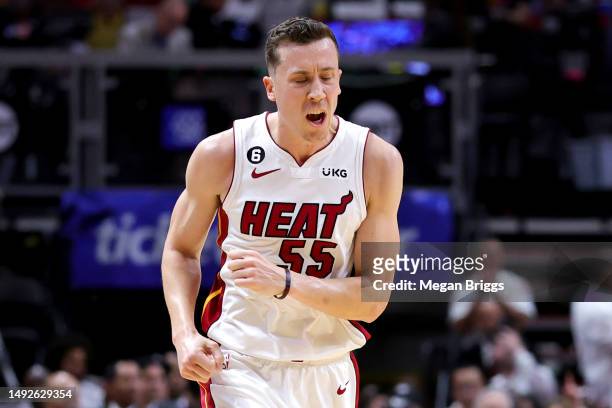 Duncan Robinson of the Miami Heat reacts after a three point basket during the second quarter against the Boston Celtics in game three of the Eastern...