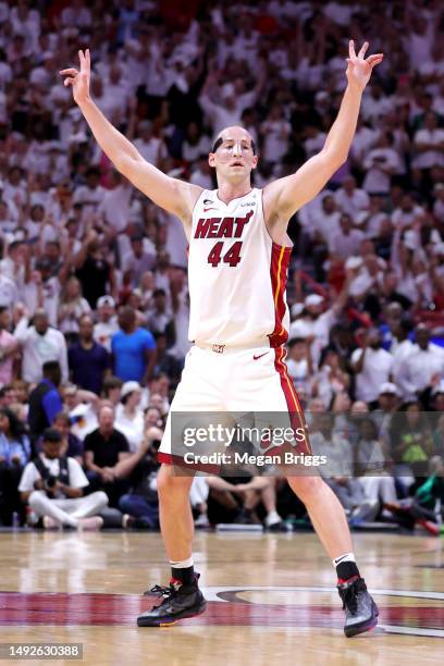 Cody Zeller of the Miami Heat reacts during the fourth quarter against the Boston Celtics in game three of the Eastern Conference Finals at Kaseya...