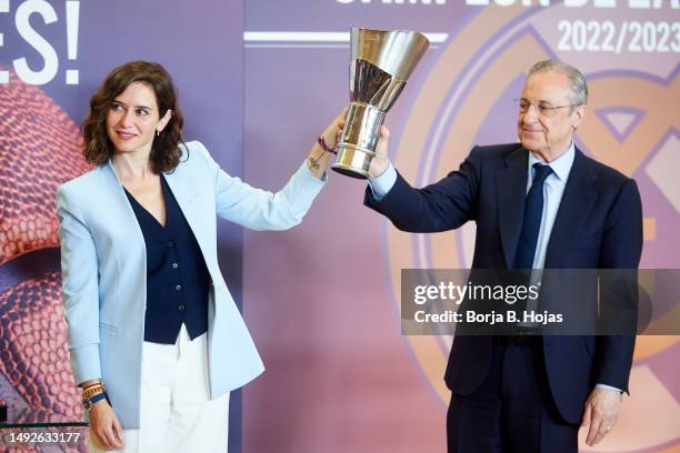 Madrid's President Isabel Diaz Ayuso and Real Madrid President Florentino Perez during reception of Real Madrid basketball team after winning the...