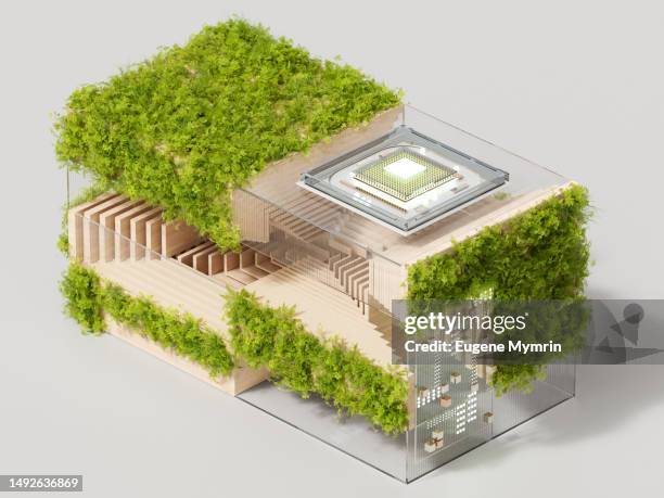 digital generated image of futuristic cubes connecting and computer microchip. merging technology and ecology. esg - blockchain isometric stock pictures, royalty-free photos & images