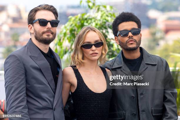 Sam Levinson, Lily-Rose Depp and Abel 'The Weeknd' Tesfaye attend "The Idol" photocall at the 76th annual Cannes film festival at Palais des...
