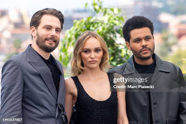 Sam Levinson, Lily-Rose Depp and Abel 'The Weeknd' Tesfaye attend "The Idol" photocall at the 76th annual Cannes film festival at Palais des...