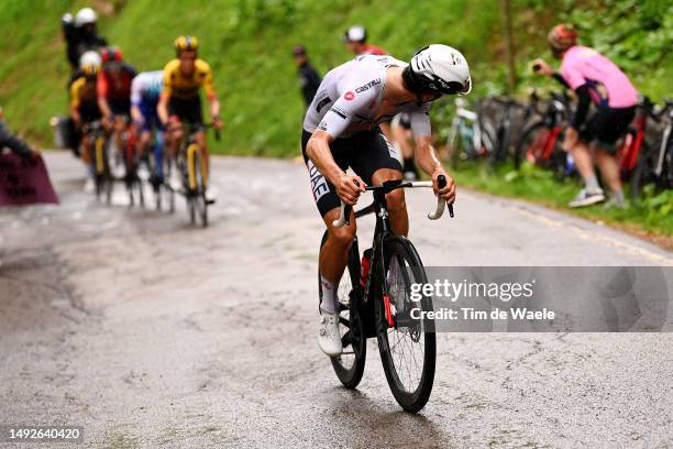 João Almeida of Portugal and UAE Team Emirates - White best young jersey attacks in the breakaway during the 106th Giro d'Italia 2023, Stage 16 a...