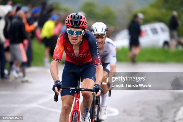 Geraint Thomas of The United Kingdom and Team INEOS Grenadiers and João Almeida of Portugal and UAE Team Emirates - White best young jersey attack in...