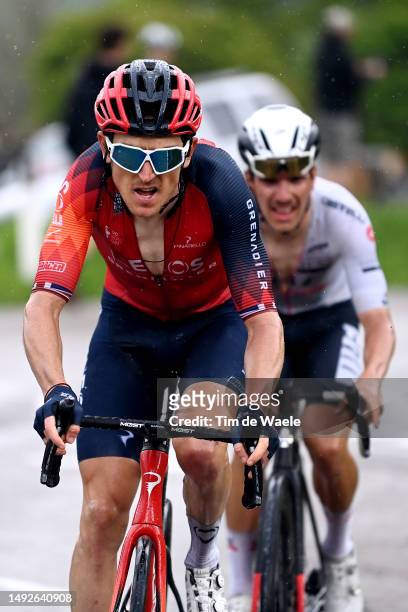 Geraint Thomas of The United Kingdom and Team INEOS Grenadiers and João Almeida of Portugal and UAE Team Emirates - White best young jersey attack in...