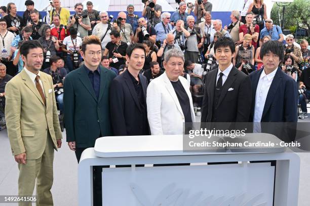 Tadanobu Asano, Nakamura Shidō II, Ryō Kase, Takeshi Kitano, Hidetoshi Nishijima and Nao Ōmori attend the "Kubi" photocall at the 76th annual Cannes...