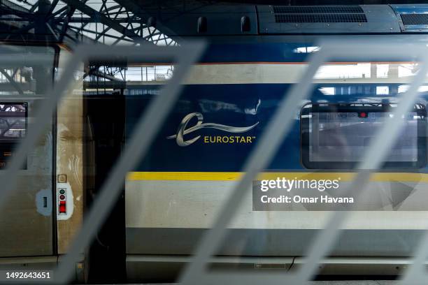 The Eurostar train to London Saint Pancras is leaving Gare Du Midi station on May 23, 2023 in Brussels, Belgium. Gare Du Midi or Bruxelles-Midi as it...