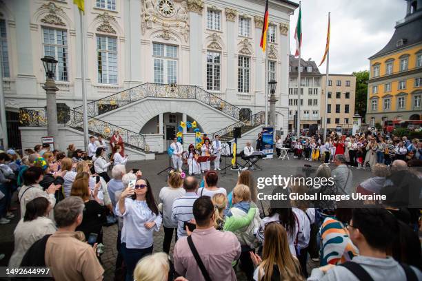 The folk group of the Horchenko family “Kniazi of Ukraine” performs during festive events in front of the Alte Rathaus at Bonner Marktplatz on May...