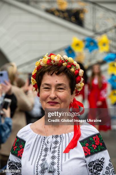 Model walks the runway during the show of vyshyvankas, Ukrainian national embroidered shirts, during festive events in front of the Alte Rathaus at...