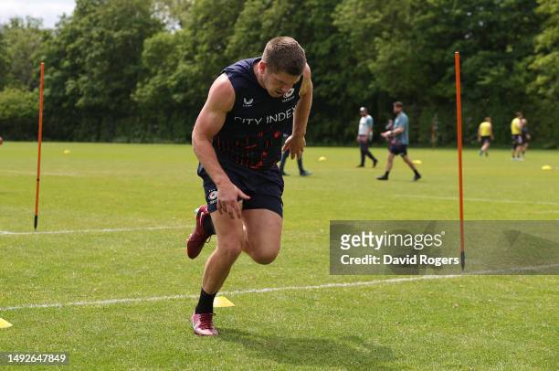 Owen Farrell sprints during the Saracens training session held on May 23, 2023 in St Albans, England.