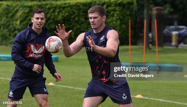 Owen Farrell catches the ball during the Saracens training session held on May 23, 2023 in St Albans, England.