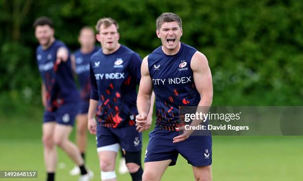 Owen Farrell shouts instructions during the Saracens training session held on May 23, 2023 in St Albans, England.