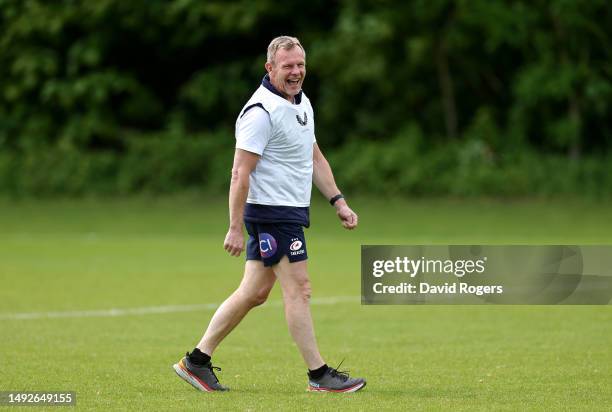 Mark McCall, the Saracens director of rugby, laughs during the Saracens training session held on May 23, 2023 in St Albans, England.