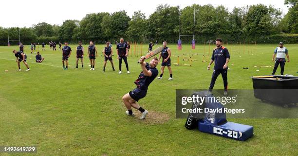 Elliot Daly plays the ball during a game of cricket during the warm up prior to the Saracens training session held on May 23, 2023 in St Albans,...