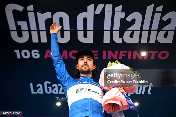 Ben Healy of Ireland and Team EF Education-EasyPost celebrates at podium as Blue Mountain Jersey winner during the 106th Giro d'Italia 2023, Stage 16...