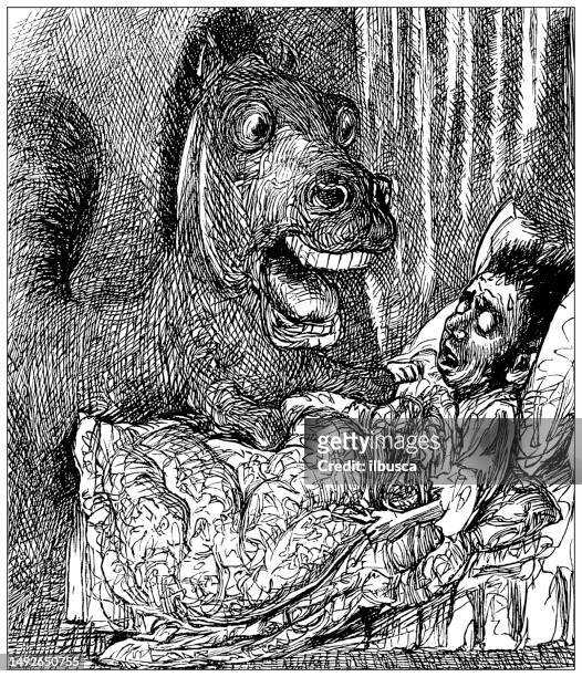 british satire caricature comic cartoon illustration - creepy monsters from the past stock illustrations