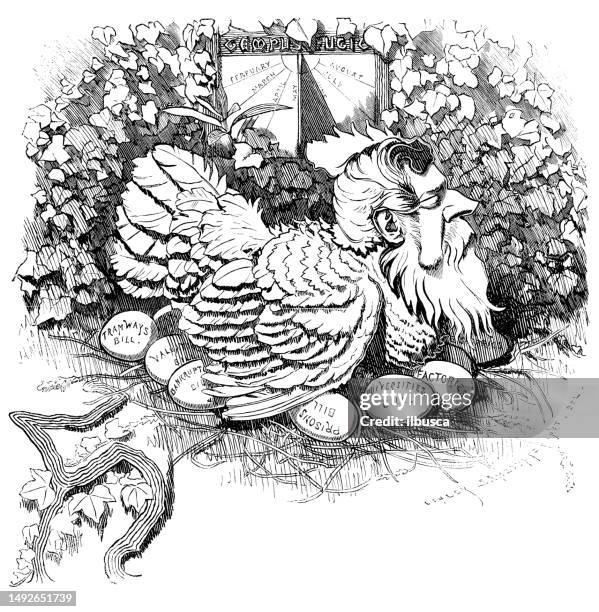 british satire caricature comic cartoon illustration - chicks hatching from eggs stock illustrations