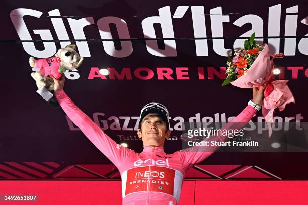 Geraint Thomas of The United Kingdom and Team INEOS Grenadiers celebrates at podium as Pink Leader Jersey winner during the 106th Giro d'Italia 2023,...