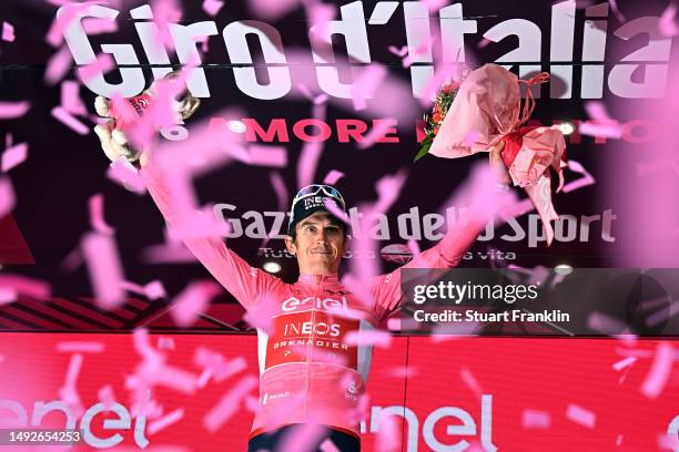 Geraint Thomas of The United Kingdom and Team INEOS Grenadiers celebrates at podium as Pink Leader Jersey winner during the 106th Giro d'Italia 2023,...